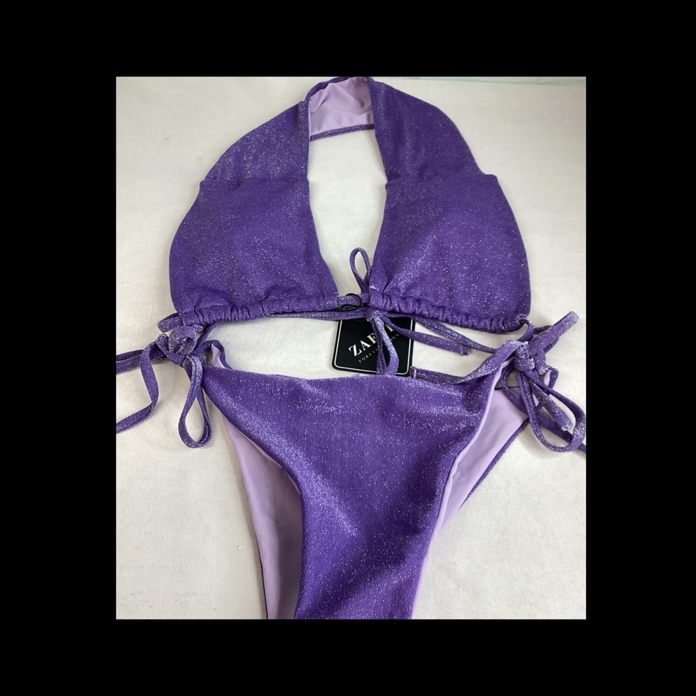 Purple Halter Tie-Back Bikini Top and High-Cut Bottoms.48 - Picture 2 of 6